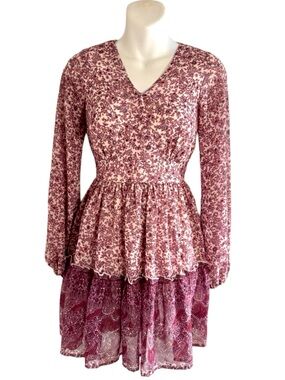 Japna Dusty Rose Floral Tiered Long-Sleeve Mini Dress